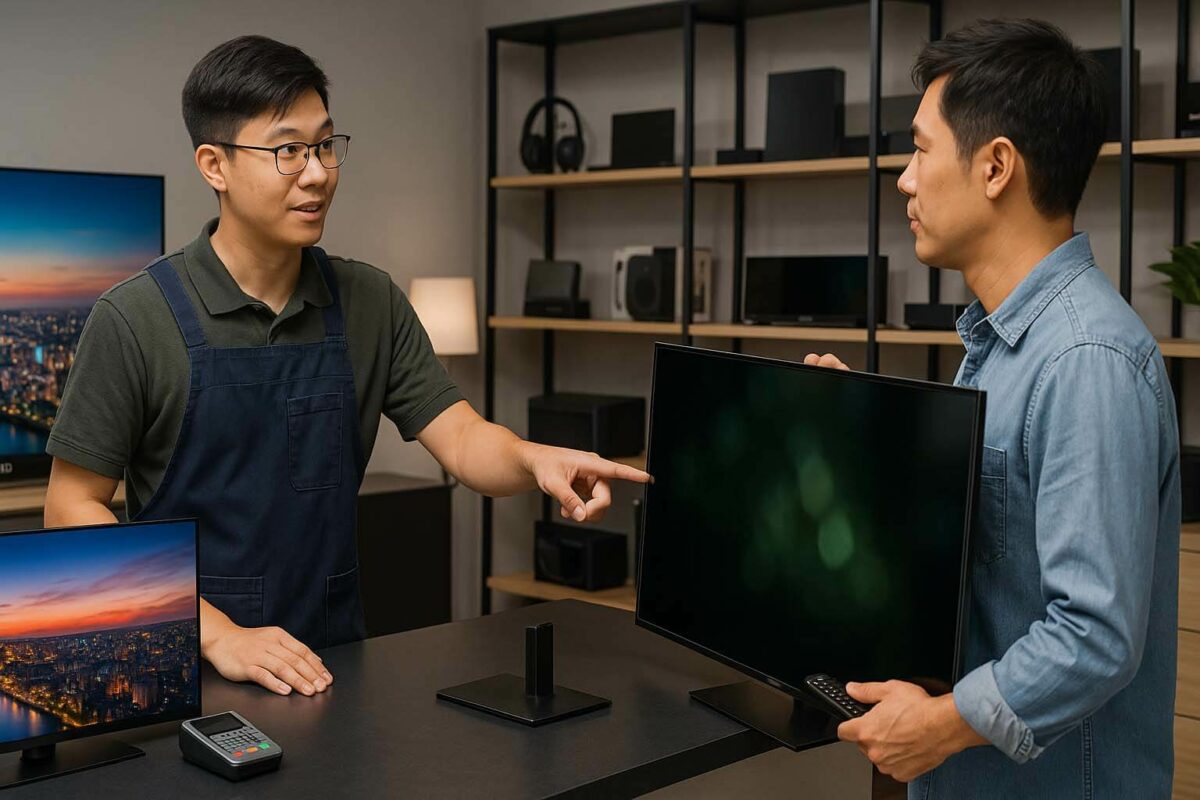 顧客與店員現場檢測電視並洽談收購價格